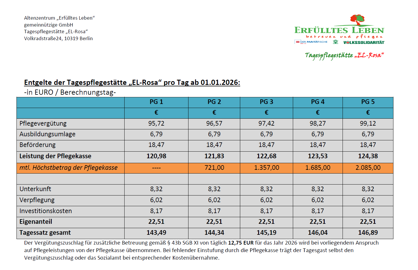 Kosten ab 01 2026 Tagespflegestätte EL Rosa